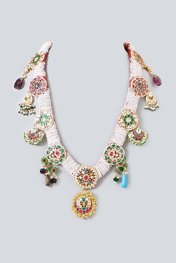 Gold Plated Kundan Polki & Semi-Precious Stone Long Necklace Set by Shlok Jewels at Pernia's Pop Up Shop