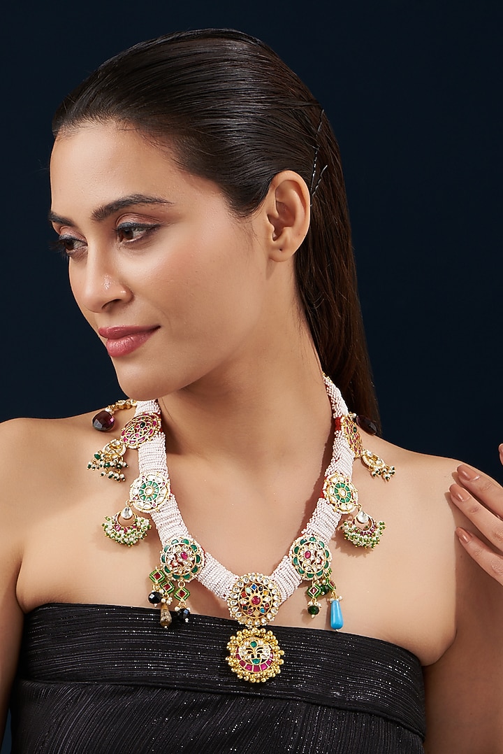 Gold Plated Kundan Polki & Semi-Precious Stone Long Necklace Set by Shlok Jewels at Pernia's Pop Up Shop