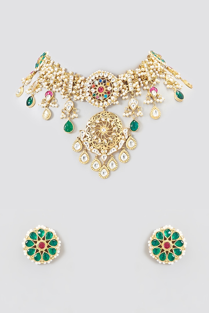 Gold Plated Kundan Polki & Semi-Precious Stone Choker Necklace Set by Shlok Jewels at Pernia's Pop Up Shop