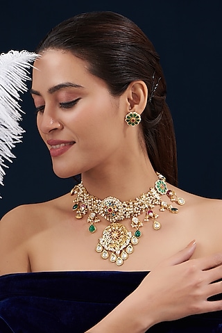 Gold Plated Kundan Polki & Semi-Precious Stone Choker Necklace Set by Shlok Jewels