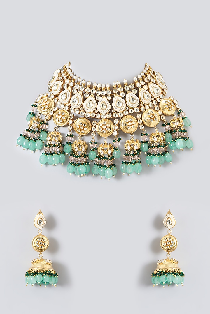 Gold Plated Mint Kundan Polki & Semi-Precious Stone Necklace Set by Shlok Jewels at Pernia's Pop Up Shop