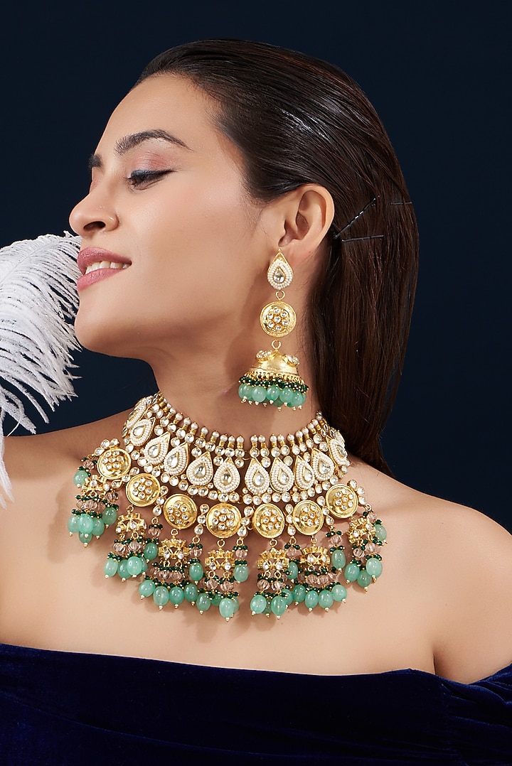 Gold Plated Mint Kundan Polki & Semi-Precious Stone Necklace Set by Shlok Jewels at Pernia's Pop Up Shop