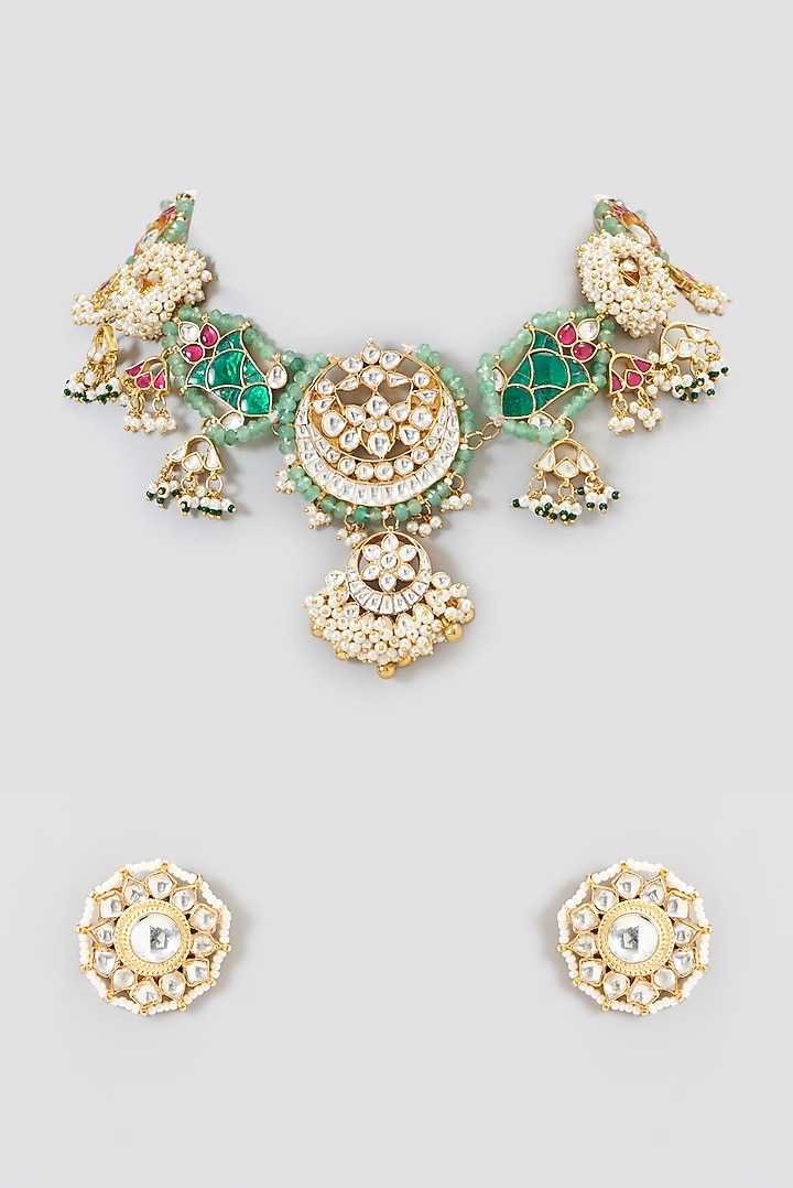 Gold Plated Kundan Polki & Semi-Precious Stone Choker Necklace Set by Shlok Jewels at Pernia's Pop Up Shop