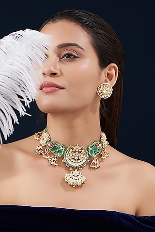 Gold Plated Kundan Polki & Semi-Precious Stone Choker Necklace Set by Shlok Jewels