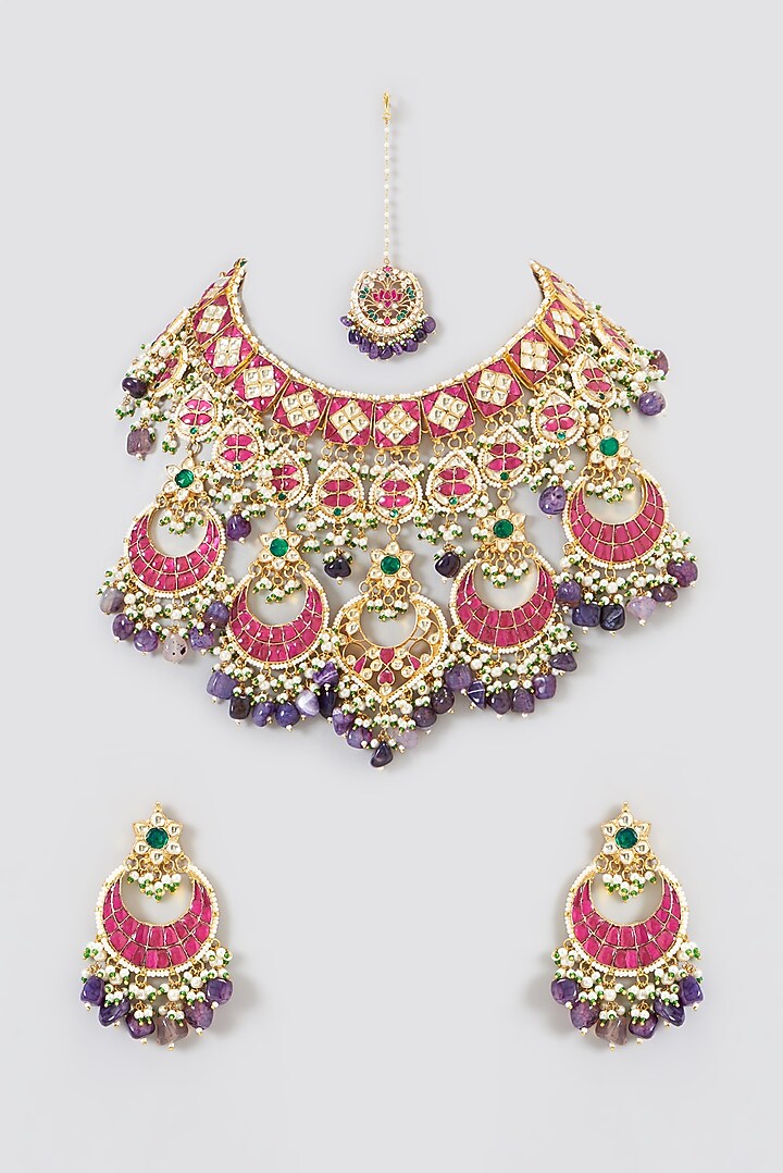 Gold Plated Pink Kundan Polki & Semi-Precious Stone Necklace Set by Shlok Jewels at Pernia's Pop Up Shop
