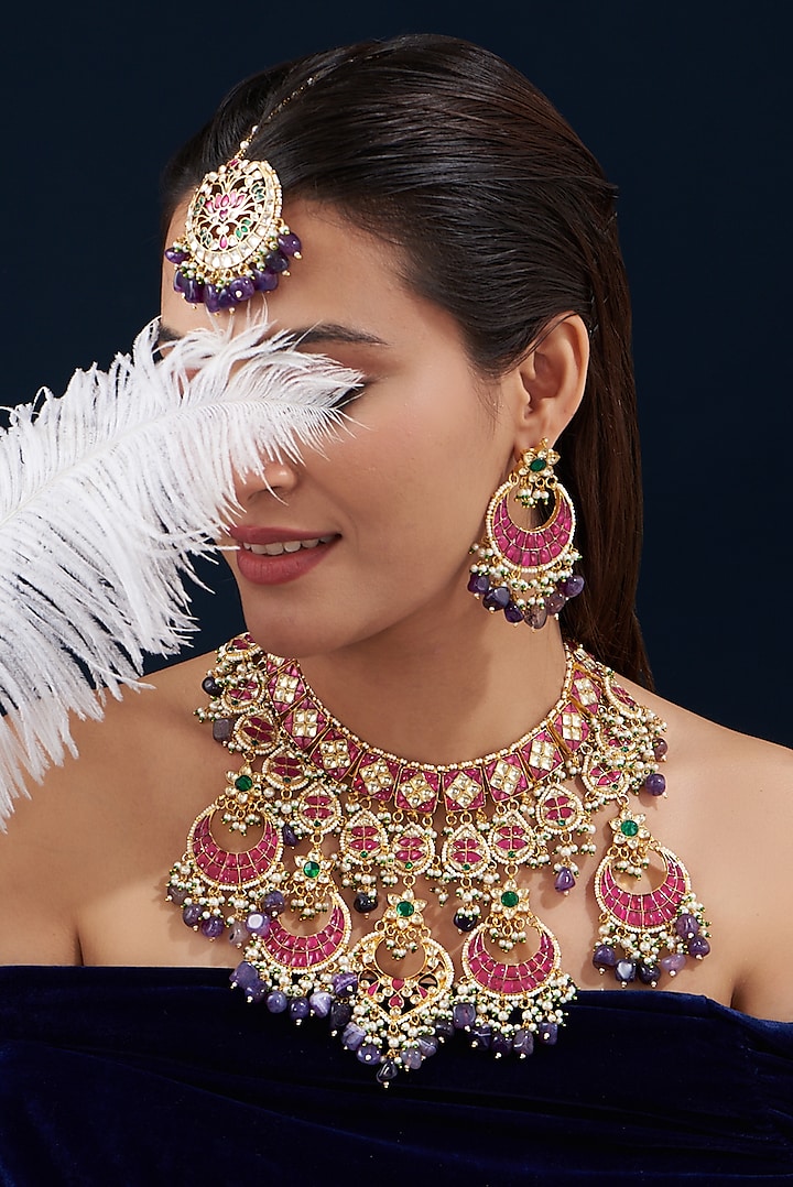 Gold Plated Pink Kundan Polki & Semi-Precious Stone Necklace Set by Shlok Jewels