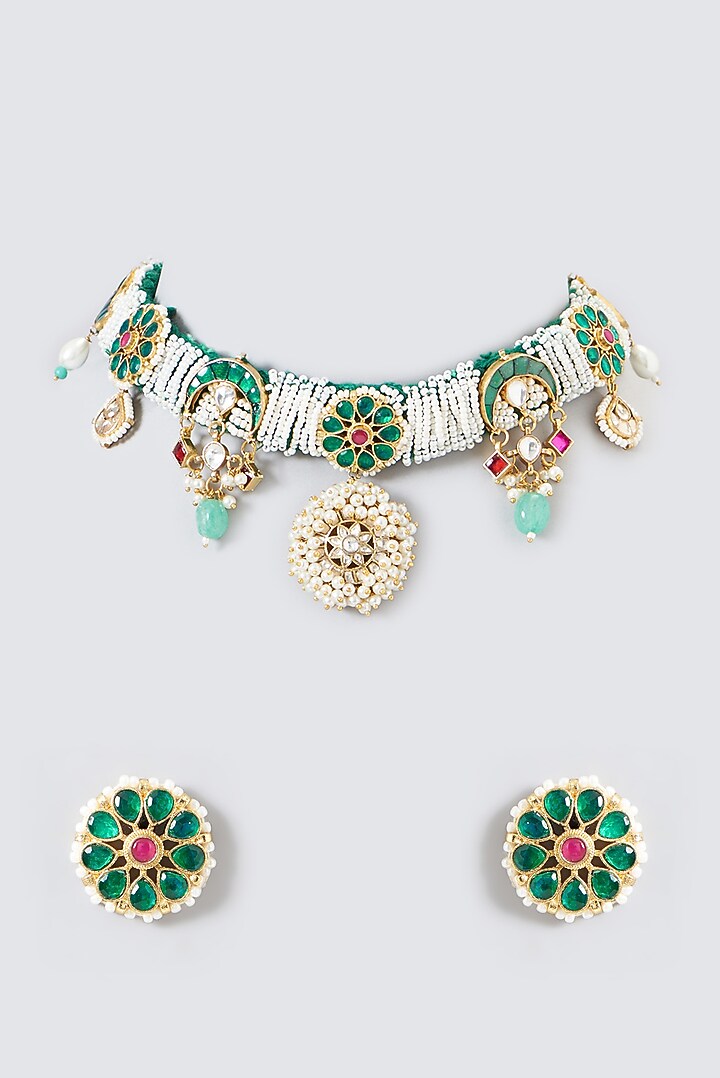 Gold Plated Kundan Polki & Semi-Precious Stone Choker Necklace Set by Shlok Jewels at Pernia's Pop Up Shop