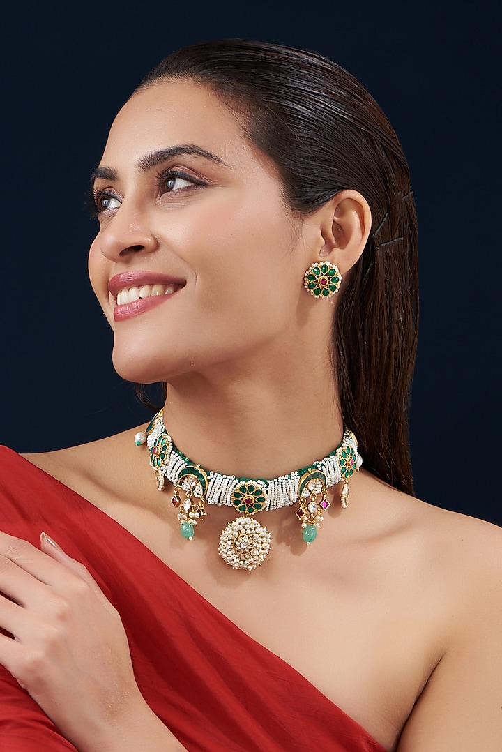 Gold Plated Kundan Polki & Semi-Precious Stone Choker Necklace Set by Shlok Jewels at Pernia's Pop Up Shop