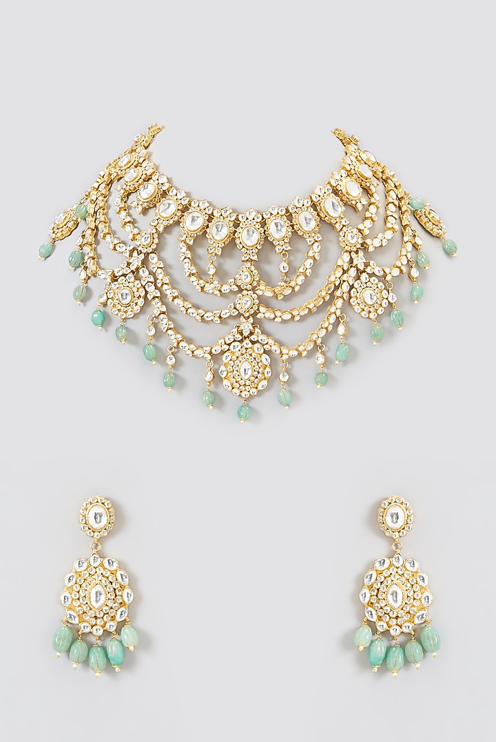 Gold Plated Kundan Polki & Semi-Precious Stone Necklace Set by Shlok Jewels at Pernia's Pop Up Shop