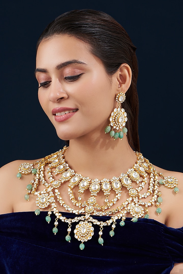 Gold Plated Kundan Polki & Semi-Precious Stone Necklace Set by Shlok Jewels