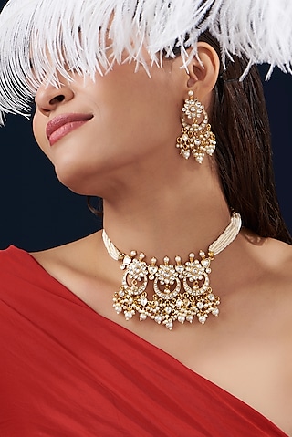 Gold Plated Kundan Polki & Semi-Precious Stone Choker Necklace Set by Shlok Jewels
