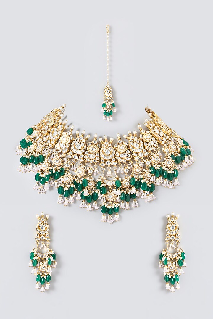 Gold Plated Green Kundan Polki & Semi-Precious Stone Necklace Set by Shlok Jewels at Pernia's Pop Up Shop