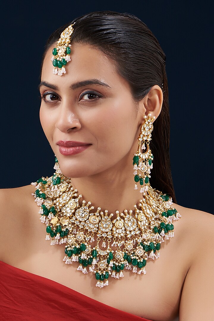 Gold Plated Green Kundan Polki & Semi-Precious Stone Necklace Set by Shlok Jewels at Pernia's Pop Up Shop