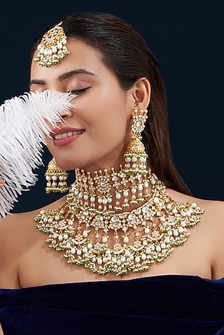 Gold Plated Kundan Polki & Semi-Precious Stone Choker Necklace Set by Shlok Jewels