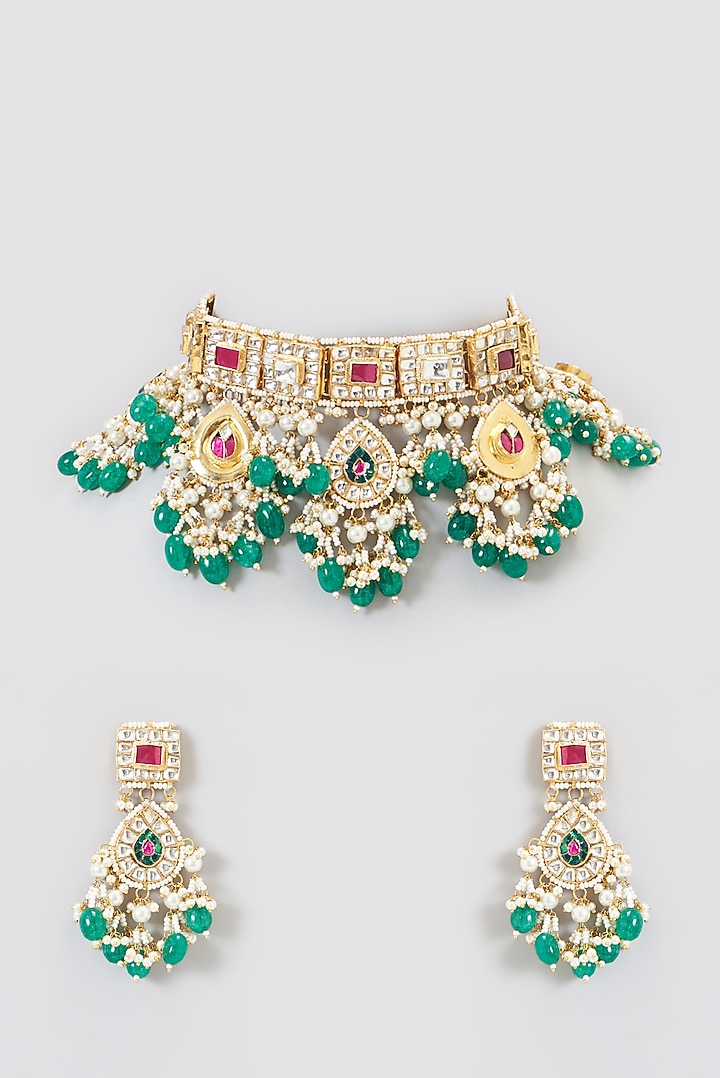 Gold Plated Kundan Polki & Semi-Precious Stone Necklace Set by Shlok Jewels at Pernia's Pop Up Shop