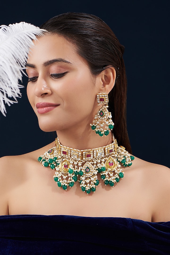 Gold Plated Kundan Polki & Semi-Precious Stone Necklace Set by Shlok Jewels at Pernia's Pop Up Shop