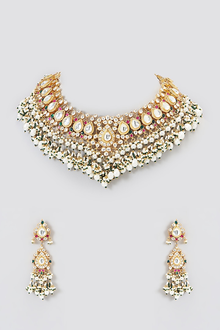 Gold Plated Kundan Polki & Semi-Precious Stone Necklace Set by Shlok Jewels at Pernia's Pop Up Shop