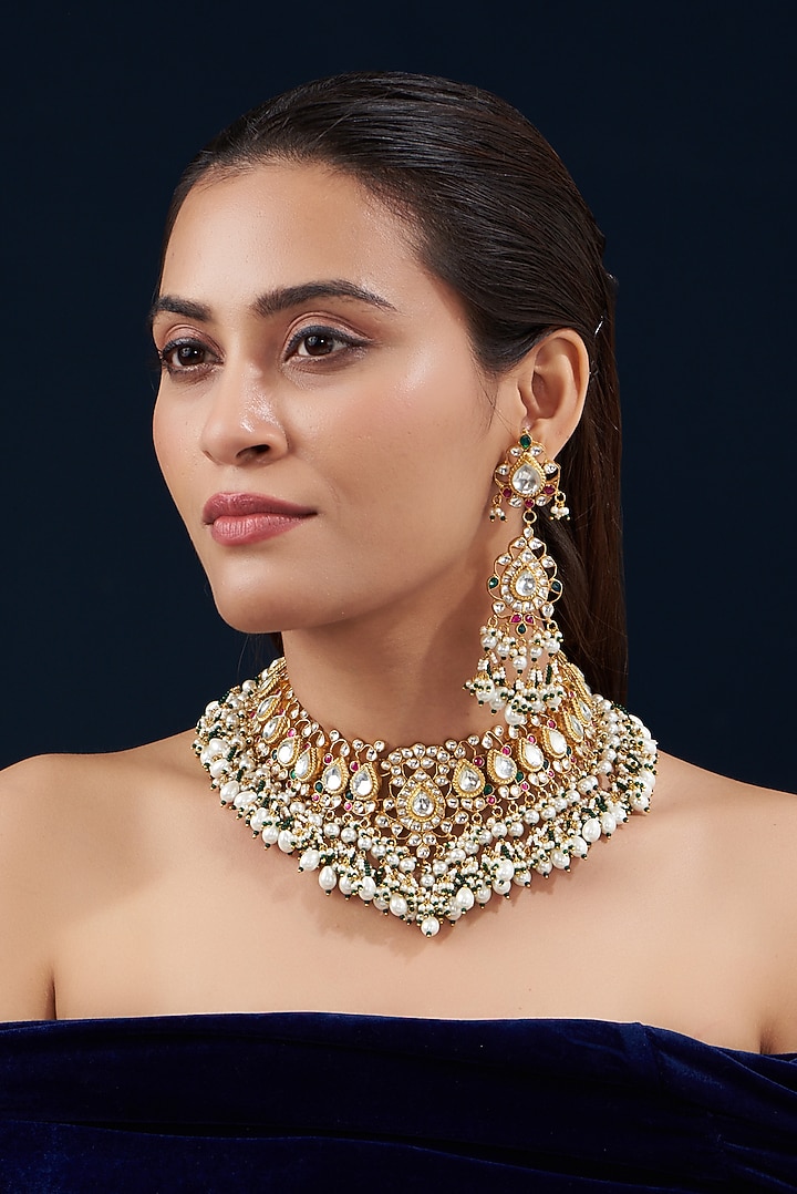 Gold Plated Kundan Polki & Semi-Precious Stone Necklace Set by Shlok Jewels at Pernia's Pop Up Shop