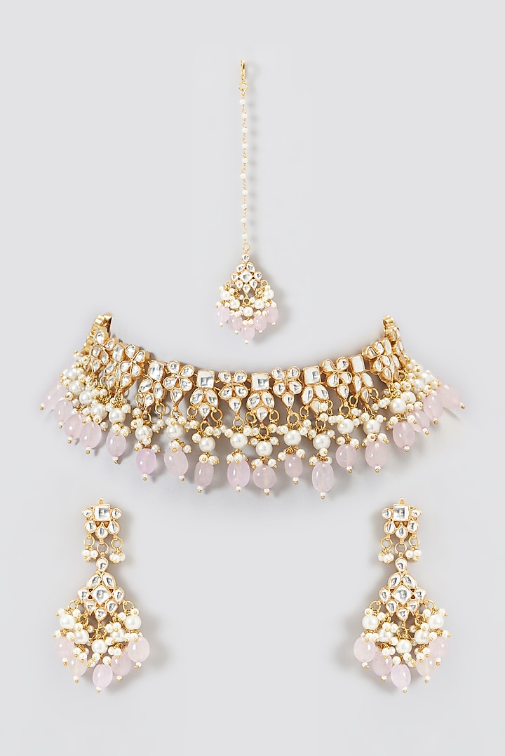 Gold Plated Kundan Polki & Semi-Precious Stone Necklace Set by Shlok Jewels at Pernia's Pop Up Shop