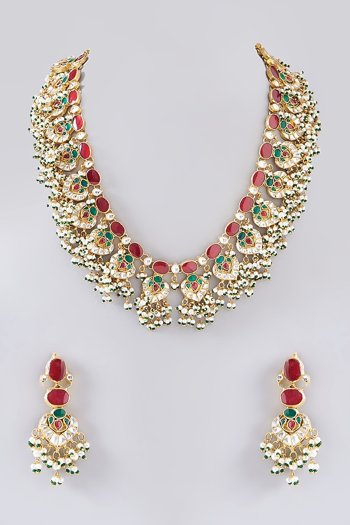 Gold Plated Kundan Polki & Semi-Precious Stone Long Necklace Set by Shlok Jewels at Pernia's Pop Up Shop