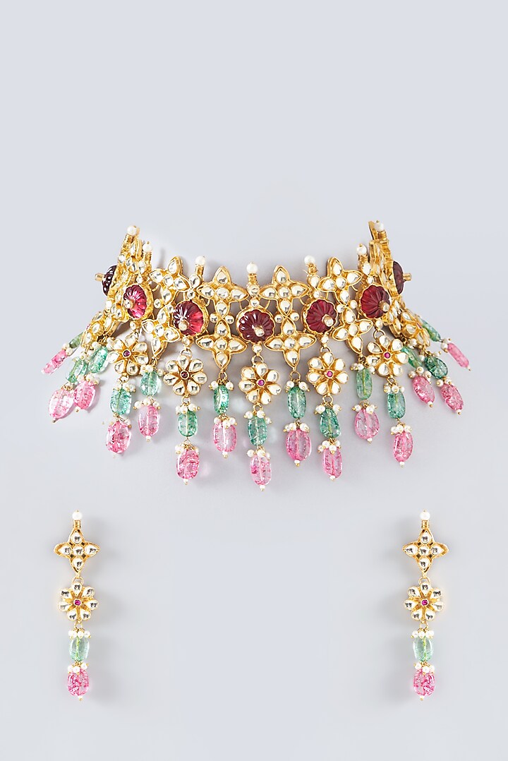 Gold Plated Kundan Polki & Semi-Precious Stone Choker Necklace Set by Shlok Jewels at Pernia's Pop Up Shop