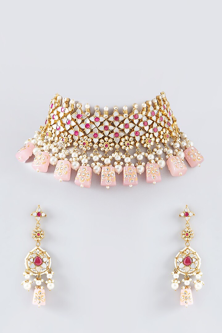 Gold Plated Kundan Polki & Semi-Precious Stone Choker Necklace Set by Shlok Jewels at Pernia's Pop Up Shop