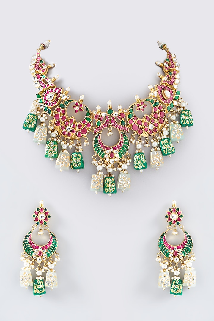 Gold Plated Kundan Polki & Semi-Precious Stone Necklace Set by Shlok Jewels at Pernia's Pop Up Shop