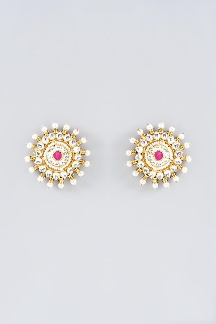 Gold Plated Kundan Polki & Semi-Precious Stone Stud Earrings by Shlok Jewels at Pernia's Pop Up Shop
