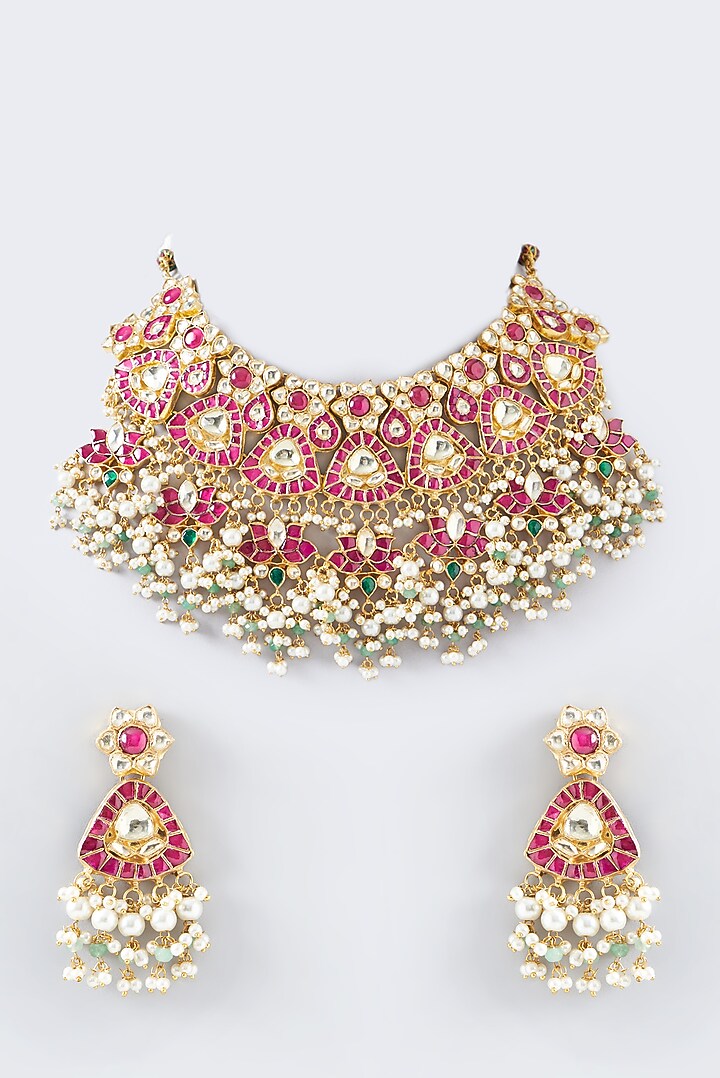 Gold Plated Kundan Polki & Semi-Precious Stone Necklace Set by Shlok Jewels at Pernia's Pop Up Shop
