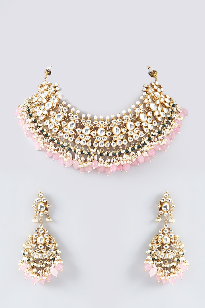 Gold Plated Kundan Polki & Semi-Precious Stone Necklace Set by Shlok Jewels at Pernia's Pop Up Shop