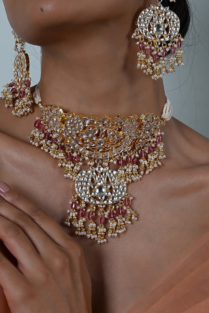 Gold Plated Kundan Polki Jadau Choker Necklace Set by Shlok Jewels at Pernia's Pop Up Shop