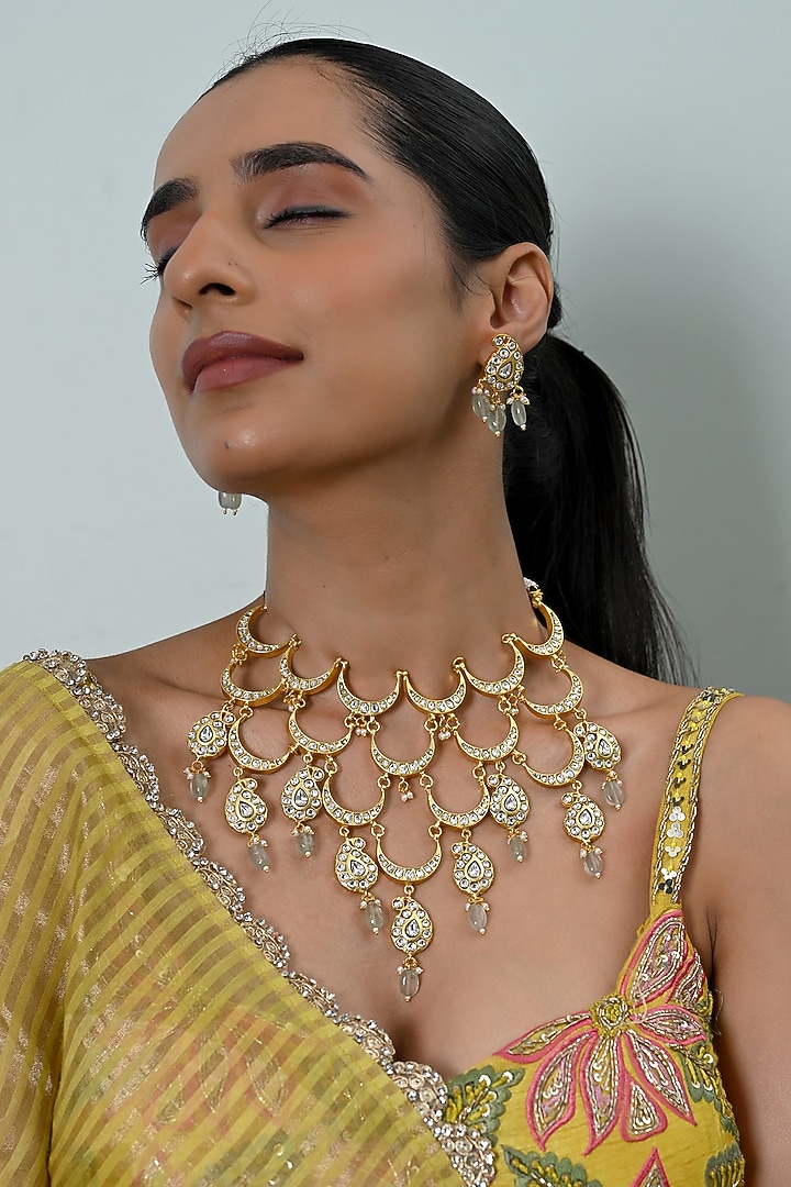 Gold Plated Kundan Polki Jadau Necklace Set by Shlok Jewels at Pernia's Pop Up Shop