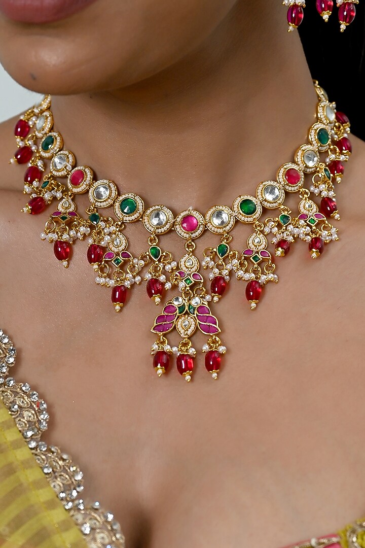 Gold Plated Multi-Colored Kundan Polki Jadau Necklace Set by Shlok Jewels at Pernia's Pop Up Shop