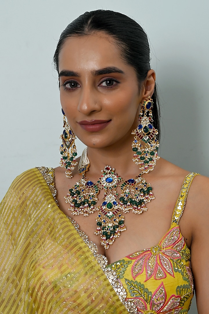 Gold Plated Multi-Colored Kundan Polki Jadau Choker Necklace Set by Shlok Jewels at Pernia's Pop Up Shop
