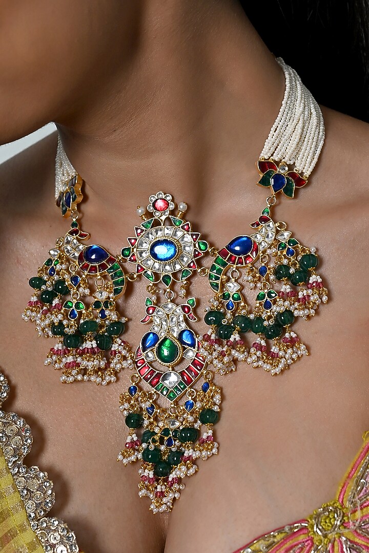 Gold Plated Multi-Colored Kundan Polki Jadau Choker Necklace Set by Shlok Jewels at Pernia's Pop Up Shop