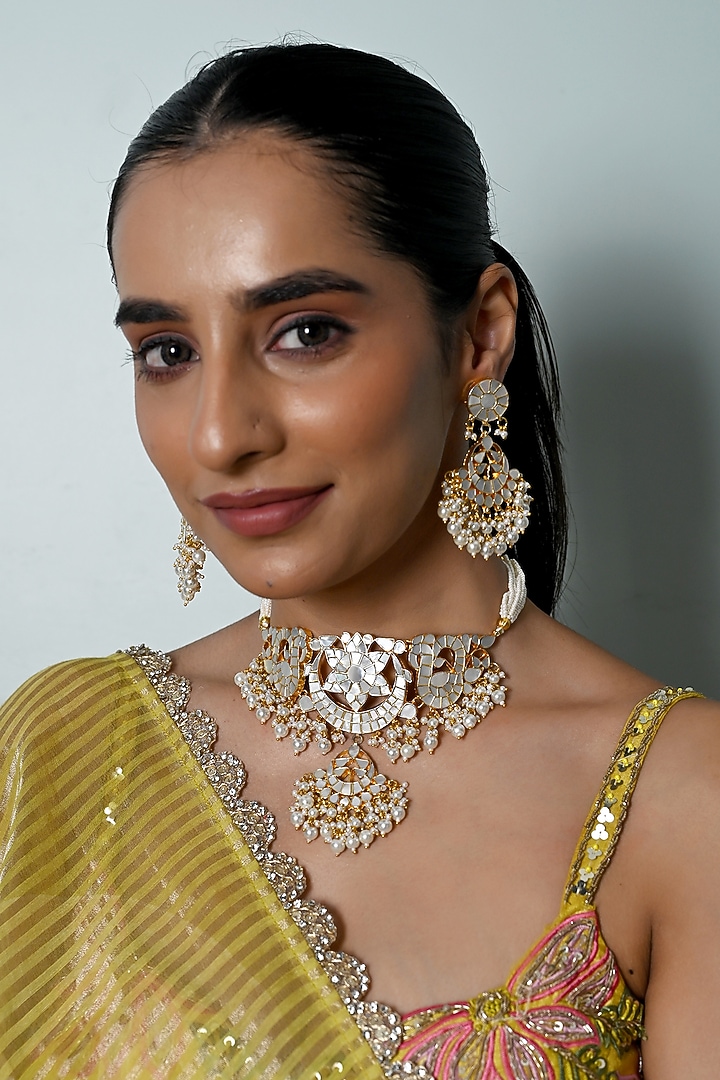 Gold Plated Mother Of Pearl Jadau Choker Necklace Set by Shlok Jewels at Pernia's Pop Up Shop