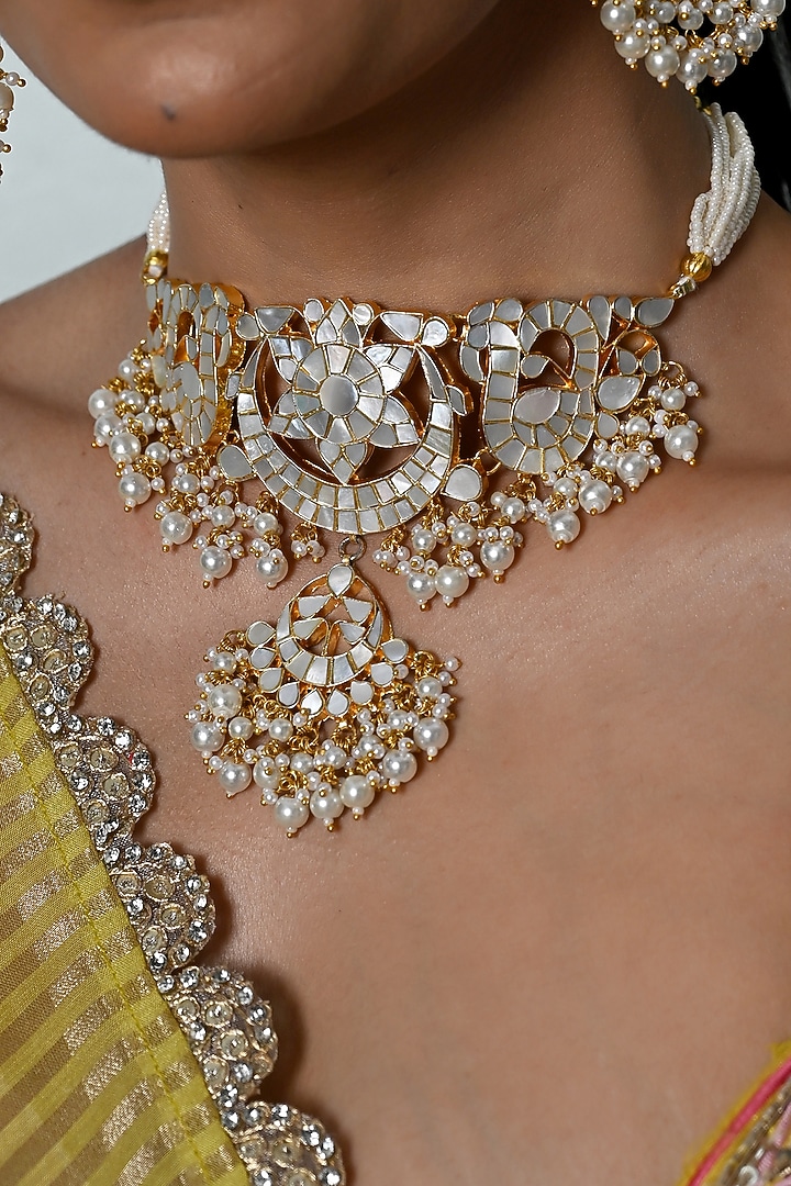 Gold Plated Mother Of Pearl Jadau Choker Necklace Set by Shlok Jewels at Pernia's Pop Up Shop
