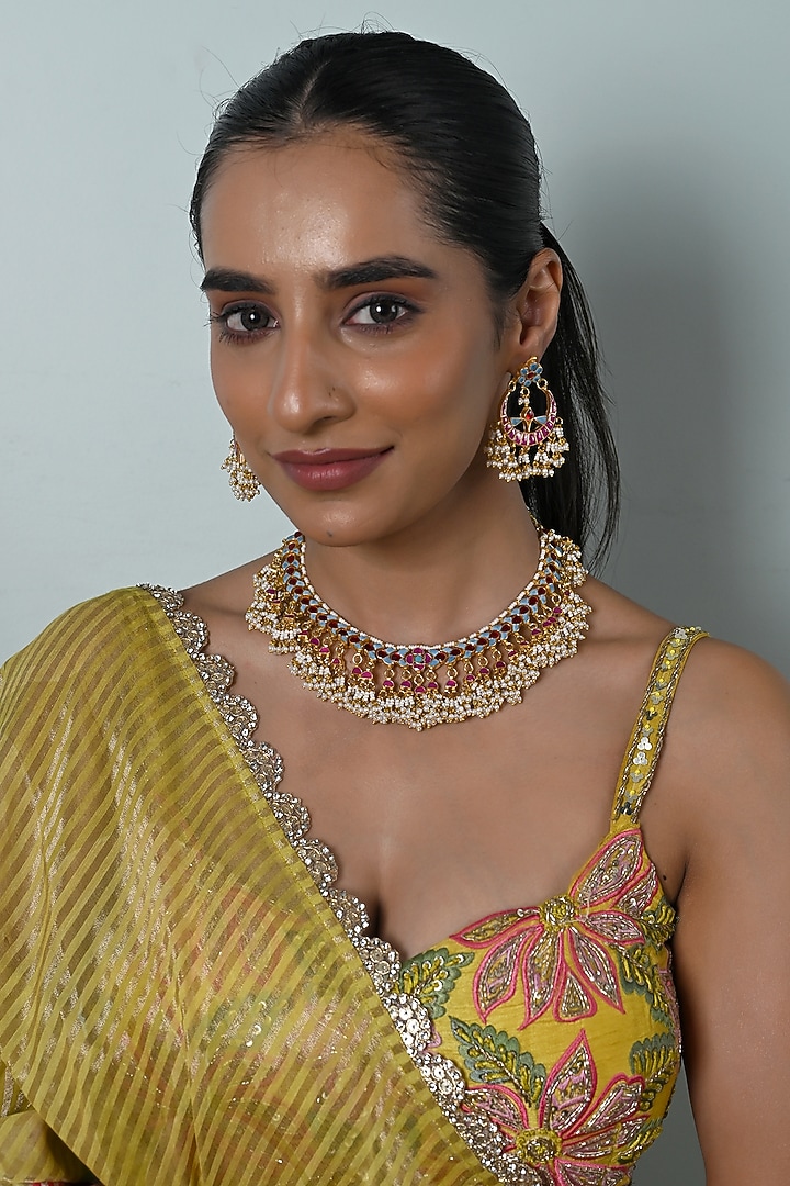 Gold Plated Turquoise Kundan Polki Jadau Necklace Set by Shlok Jewels at Pernia's Pop Up Shop