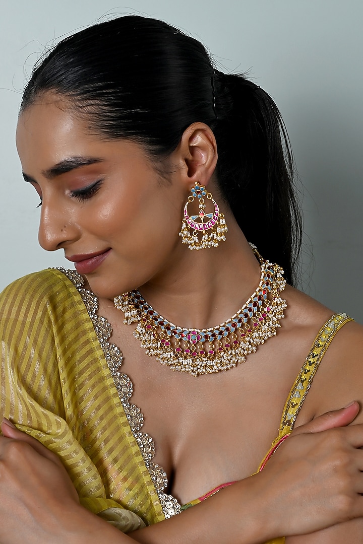 Gold Plated Turquoise Kundan Polki Jadau Necklace Set by Shlok Jewels at Pernia's Pop Up Shop