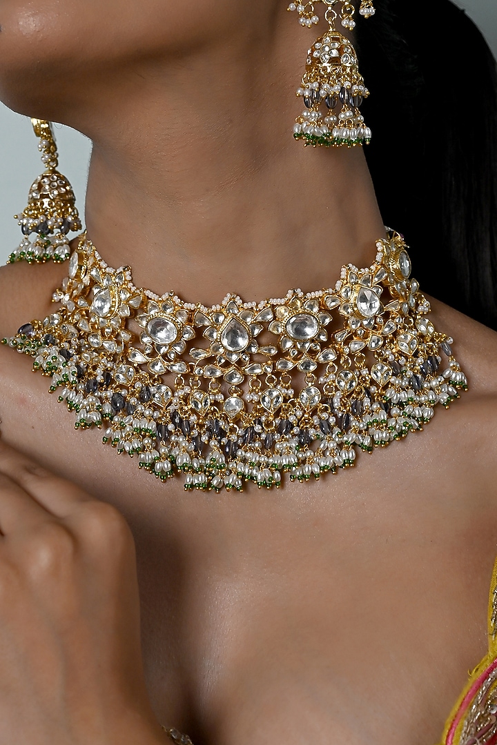 Gold Plated Kundan Polki Jadau Choker Necklace Set by Shlok Jewels at Pernia's Pop Up Shop