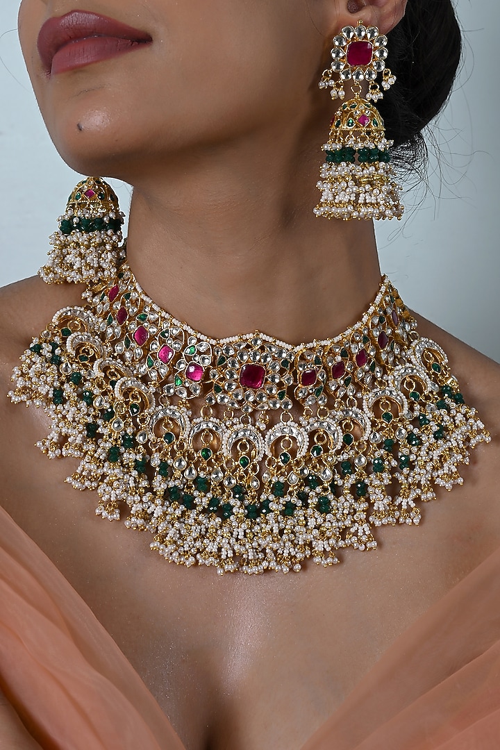 Gold Plated Multi-Colored Kundan Polki Jadau Necklace Set by Shlok Jewels at Pernia's Pop Up Shop