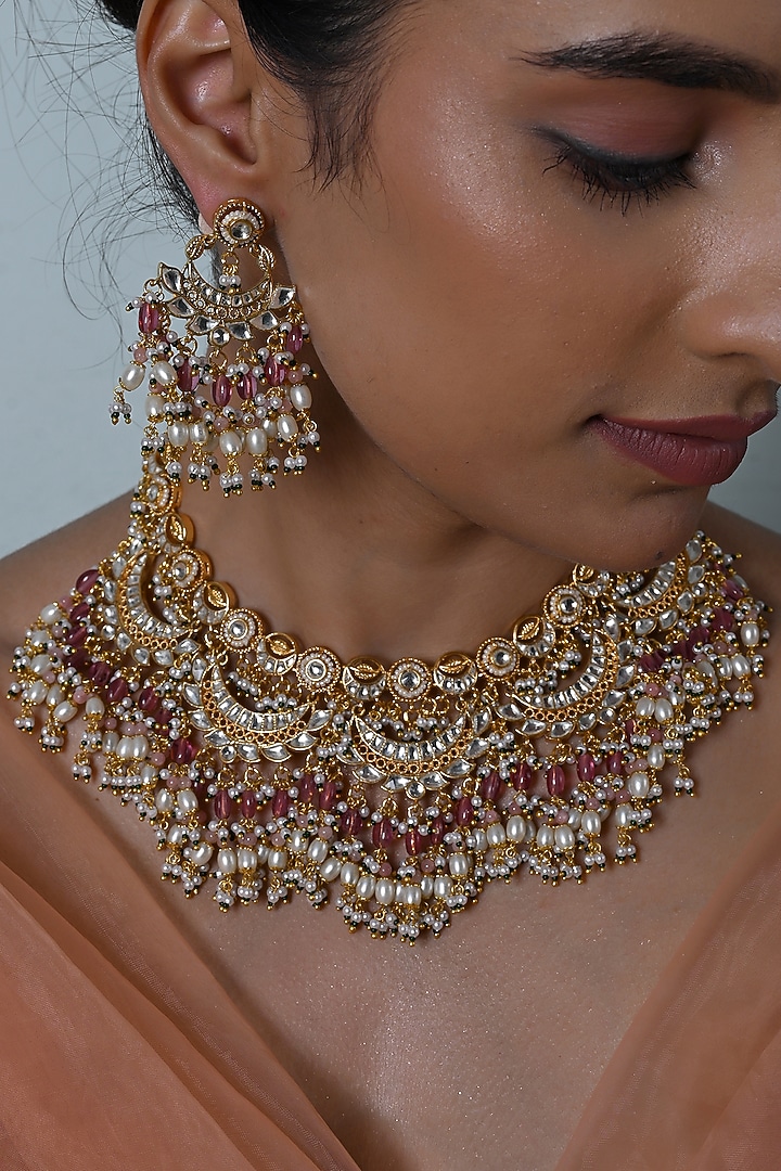 Gold Plated Kundan Polki Jadau Necklace Set by Shlok Jewels at Pernia's Pop Up Shop