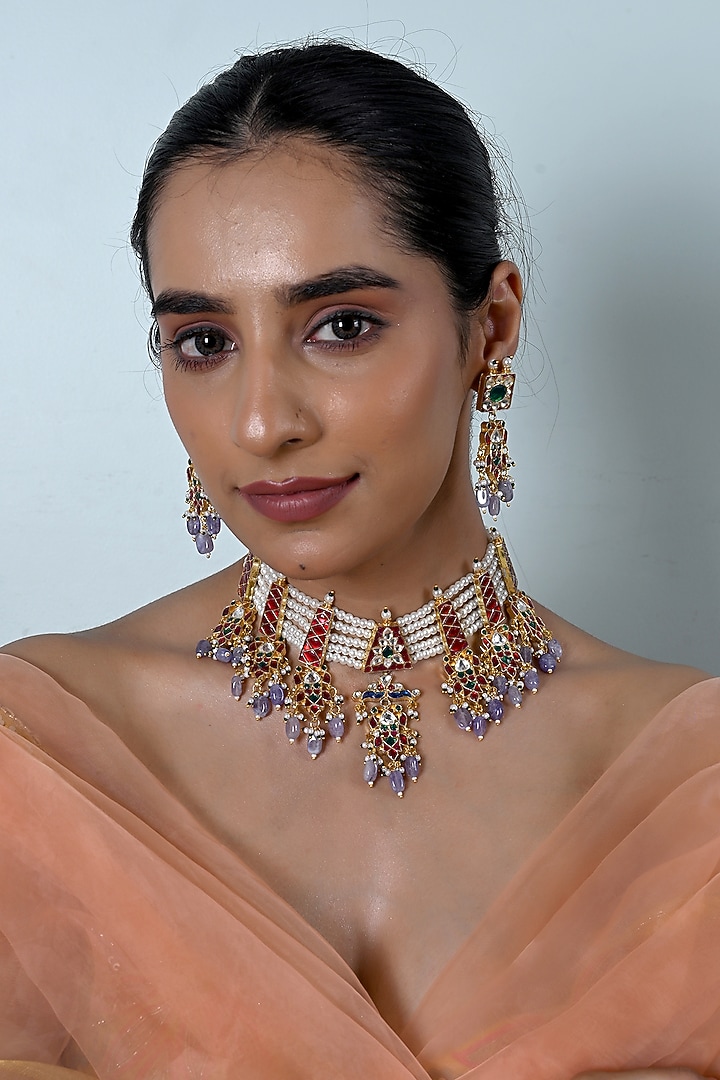 Gold Plated Multi-Colored Kundan Polki Jadau Choker Necklace Set by Shlok Jewels at Pernia's Pop Up Shop