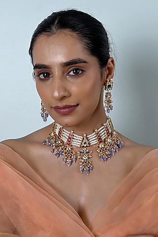 Gold Plated Multi-Colored Kundan Polki Jadau Choker Necklace Set by Shlok Jewels