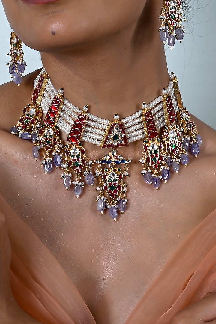 Gold Plated Multi-Colored Kundan Polki Jadau Choker Necklace Set by Shlok Jewels at Pernia's Pop Up Shop
