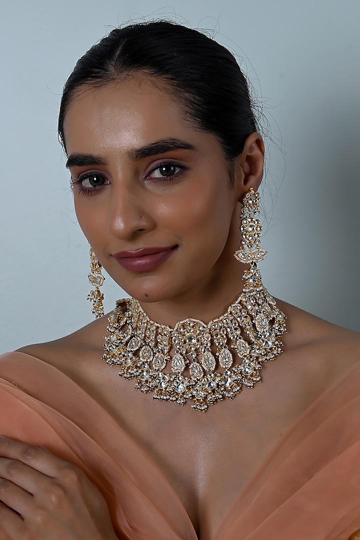 Gold Plated White Kundan Polki Jadau Necklace Set by Shlok Jewels at Pernia's Pop Up Shop