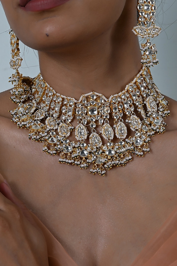Gold Plated White Kundan Polki Jadau Necklace Set by Shlok Jewels at Pernia's Pop Up Shop
