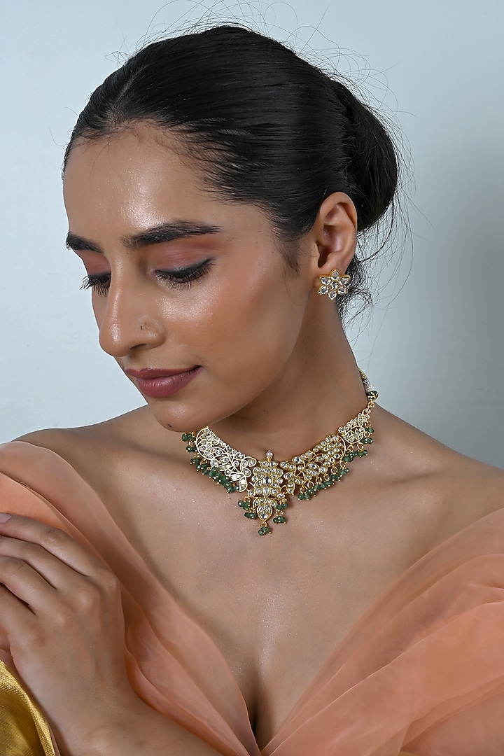 Gold Plated White Kundan Polki Jadau Choker Necklace Set by Shlok Jewels at Pernia's Pop Up Shop