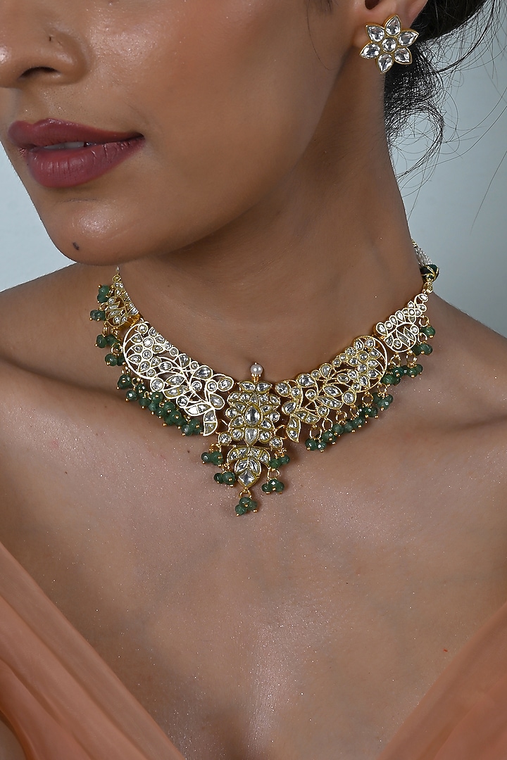 Gold Plated White Kundan Polki Jadau Choker Necklace Set by Shlok Jewels at Pernia's Pop Up Shop