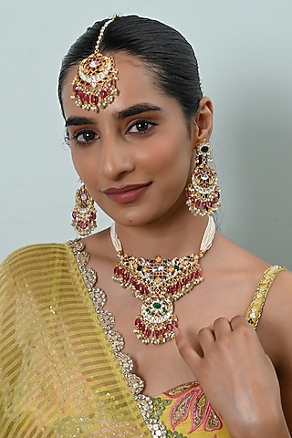 Gold Plated Multi-Colored Kundan Polki Jadau Choker Necklace Set by Shlok Jewels